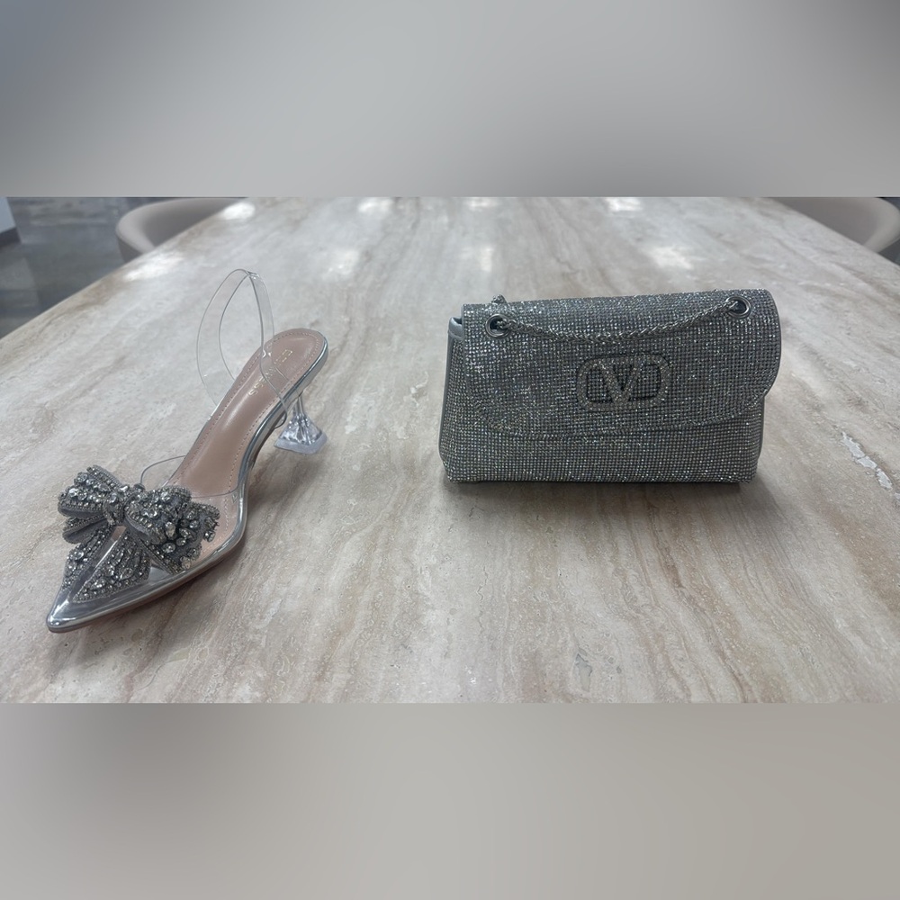 Crystal Metallic Bow Heel. *Clear Perpex pointed toe* Made of PVC Soft Robber